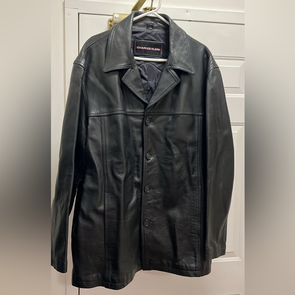 Charles Klein 100% Genuine Leather Black Trench Coat Size XL